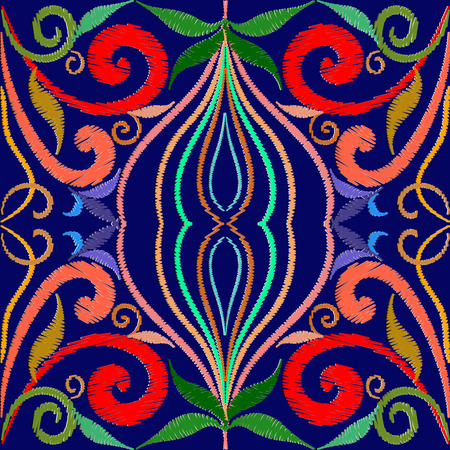Embroidery vintage seamless pattern. Tapestry line art tracery colorful floral ornaments. Hand drawn embroidered bright flowers, swirls, lines, leaves, shapes. Ethnic style grunge design. Endless.のイラスト素材
