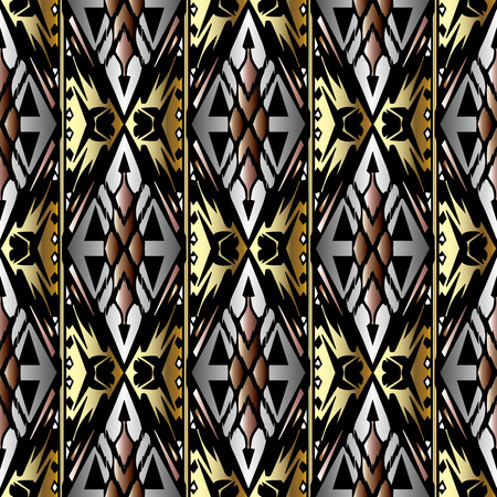 Tribal striped vector seamless pattern. Folk abstract geometric background. Ethnic ornament, borders. Decorative tribe design for fabric, textile, wallpapers. Patterned texture with geometric elementsのイラスト素材