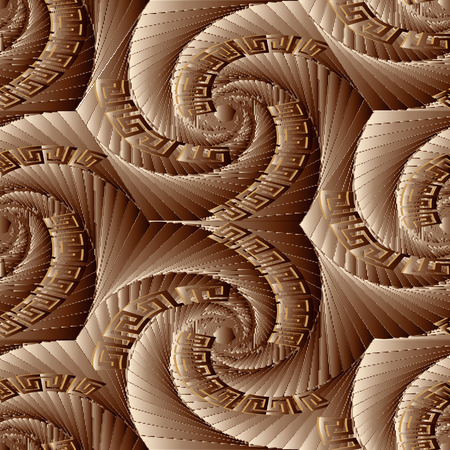 Geometric abstract 3d greek key seamless pattern. Striped textured ornamental geometrical background. Geometry shapes, elements, lines, stripes, spiral, fractal, meanders, radial figures and forms.のイラスト素材