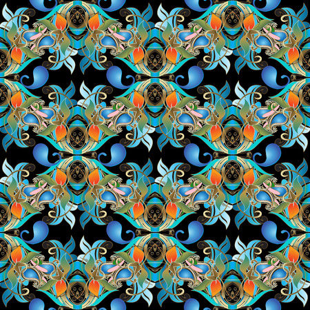 Elegance colorful paisley seamless pattern. Oriental style abstract floral patterned background. Beautiful blue paisley flowers, leaves. Vintage ornaments. Modern luxury design for wallpapers, fabricのイラスト素材