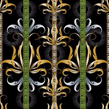 Striped greek key meanders floral 3d seamless pattern. Vector ornate decorative vintage background. Greek vertical borders. Antique style gold silver flowers, leaves. Ancient ornaments. Luxury design.のイラスト素材