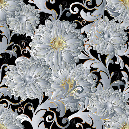 White 3d flowers vintage seamless pattern.のイラスト素材