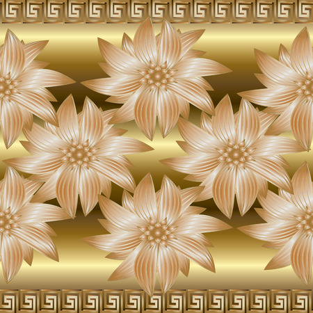 Gold 3d floral seamless border pattern. Greek border ornaments.のイラスト素材