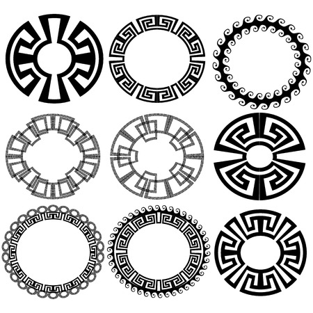Round greek key meander border frame patterns. Vector black ornaments on white background. Isolated texture. Set. Ornamental greek style design. Monochrome circles, shapes, geometric elements.のイラスト素材