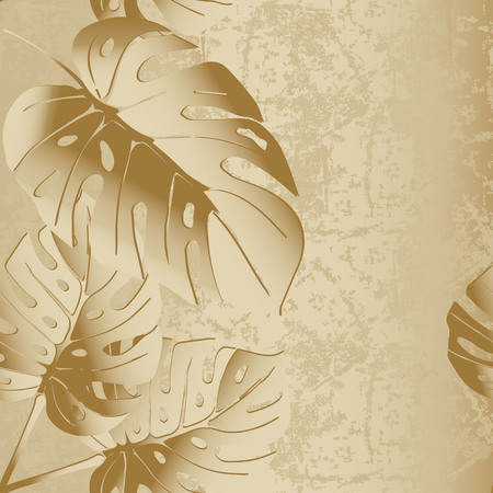 Grunge textured 3d palm leaves vector seamless pattern.のイラスト素材