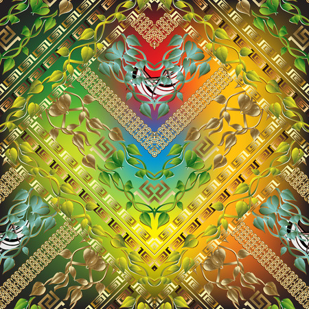 Colorful floral greek 3d seamless pattern. Vector ornamental geometric background. Leafy vintage tiled ornaments. Geometry shapes, rhombus, zigzag, stripes. Greek key, meanders. Branches with leavesのイラスト素材