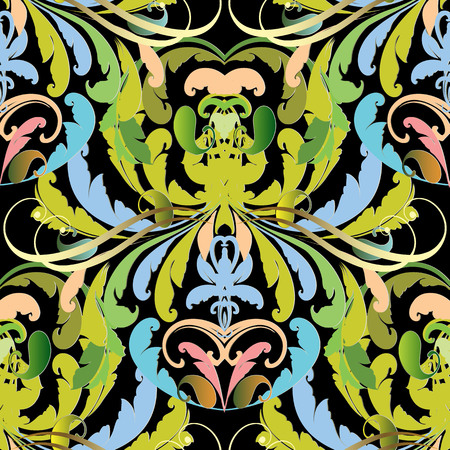 Vintage floral damask vector seamless pattern. Paisley flowers, leaves, swirls. Ornamental abstract beautiful background. Flourish ethnic style ornament. Foliage green decorative design with paisleys.のイラスト素材