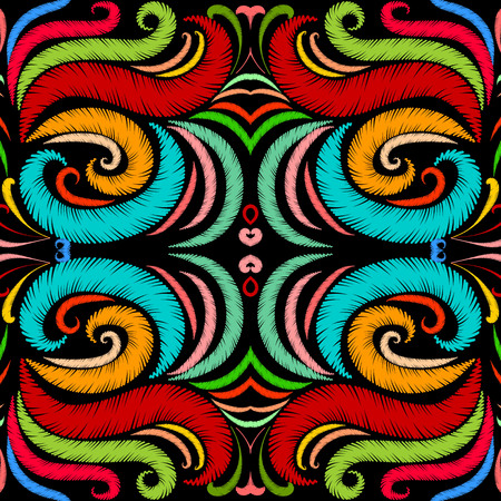 Abstract colorful embroidery vector seamless pattern. Ornamental tapestry ethnic background. Bright grunge ornaments with curves, swirls. Embroidered textured  design. For fabric, wallpapers, printsのイラスト素材
