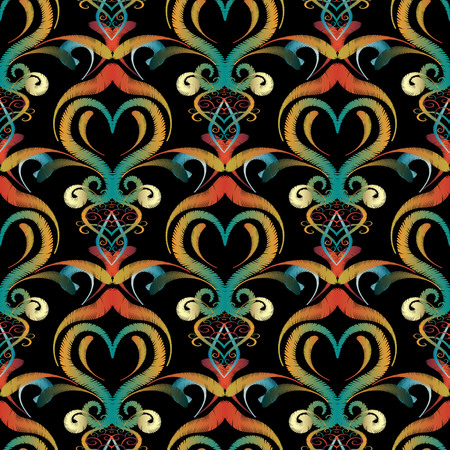 Vintage embroidery floral vector seamless pattern. Tapestry colorful Damask background. Abstract grunge ornament with embroidered paisley flowers, swirls. Decorative arabian style oriental design.のイラスト素材