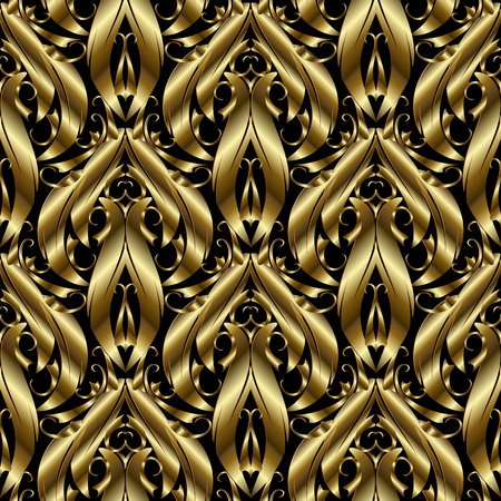 3d gold textured Baroque vector seamless pattern. Floral vintage ornamental background. Modern abstract ornate design. Hand drawn antique baroque damask ornaments. Surface metal texture. For wallpaperのイラスト素材