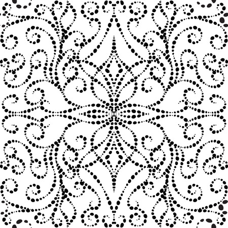 Dotted vintage vector seamless pattern. Ornamental white background. Black floral ethnic style ornaments with hand drawn line art tracery dots, swirls, curves. Abstract flowers. Isolated design.のイラスト素材