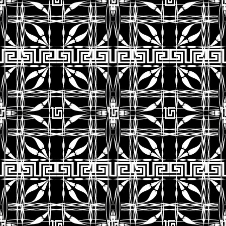 Black and white checkered greek vector seamless pattern. Striped abstract geometric background. Floral ornament with paisley flowers. Greek key meander borders. Decorative monochrome ornate design.のイラスト素材