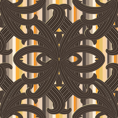 Striped vintage floral 3d vector seamless pattern. Abstract ornamental modern background. Vertical stripes, lines. Line art tracery hand drawn damask flowers, swirls, curves, leaves. Geometric design.のイラスト素材