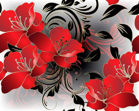 Modern floral 3d red flowers vector seamless pattern. Beautiful glowing floral background. Vintage line art tracery ornaments with red orchid lily flowers, leaves, swirls, dots. For cards, wallpapersのイラスト素材