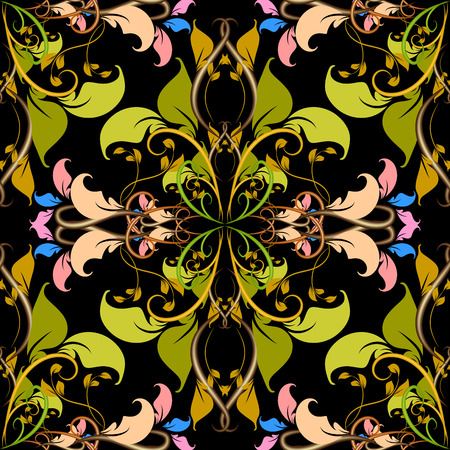 Colorful Damask vector seamless pattern. Ornate green floral background. Ornamental decorative design in renaissance style. Vintage flowers, leaves. Hand drawn line art tracery foliage ornamentsのイラスト素材