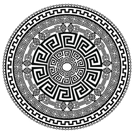 Ancient round ornament. Vector isolated black meander pattern on the white background. Antique mandala with greek key ornament. Ornamental rich design. Graphic decor. Geometric abstract ornate textureのイラスト素材