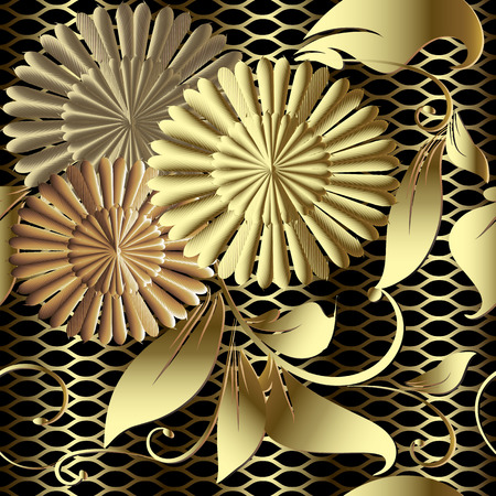 Gold floral 3d vector seamless pattern. Textured grid lattice  background. Luxury ornate 3d wallpaper. Leafy modern gold lace ornaments with vintage flowers, leaves. Elegance royal surface textureのイラスト素材