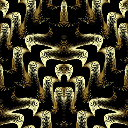 Modern gold 3d vector seamless pattern. Abstract creative ornate background. Geometric tiled golden ornament with interesting half tone shapes, waves, dots. Decorative design for wallpapers, textile.のイラスト素材