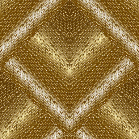 Gold 3d textured vector seamless pattern. Greek key meander surface background. Geometric abstract texture. Tiled golden greek ornament. Decorative ornate design. Perfect for wallpapers, panel, printsのイラスト素材