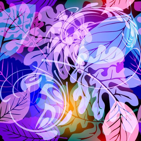 Colorful glowing floral vector seamless pattern. Leafy ornamental modern background. Beautiful elegance flowers, leaves. Vintage ornament with illuminated effects. Decorative design. Endless textureのイラスト素材