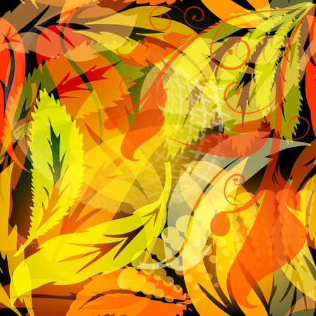 Autumn leaves glowing vector seamless pattern. Abstract ornamental bright background. Floral vintage flowers, leaves, swirls. Elegance transparent ornament. Trendy decorative design with neon effectsのイラスト素材