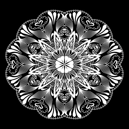 Floral lace mandala pattern. Vector black and white round line art tracery ornament. Abstract decorative monochrome background. Paisley flowers, leaves, love hearts. Elegance design for fabric, printsのイラスト素材