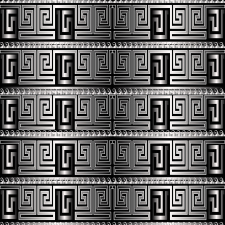 Silver 3d greek key meanders vector seamless pattern. Patterned surface background. Geometric abstract modern ornate design. Ornamental striped ornament. Geometry shapes, lines,  labyrinths, waves.のイラスト素材