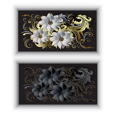 Greeting cards with white and black 3d vintage flowers and leaves. Vector ornamental floral background. Beautiful modern design. Surface ornate texture. Luxury  template. Baroque style.のイラスト素材