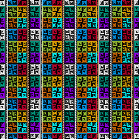 Colorful meanders vector seamless pattern. Check ornamental abstract background. Bright checkered greek key meander ornaments. Vertical stripes, waves, squares, shapes. Decorative ornate design.のイラスト素材
