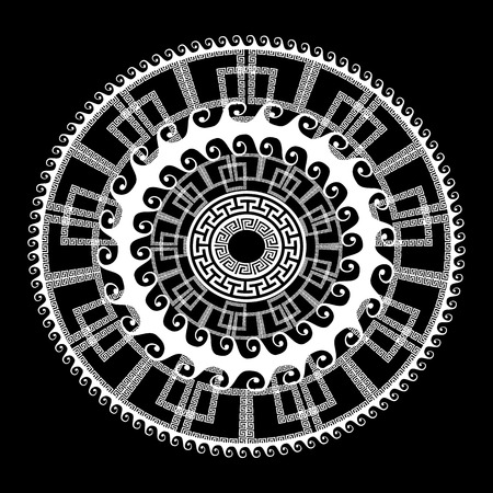 Greek key meanders geometric ornamental round mandala pattern. Modern patterned black and white background. Vintage ancient ornament with wavy lines, squares, geometrical shapes. Ornate stylish designのイラスト素材