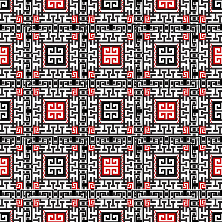 Checkered modern greek vector seamless pattern. Ornamental check background. Geometric repeat tribal backdrop. Decorative greek key meanders ornament. Stripes, lines, squares, shapes, zigzag, bordersのイラスト素材