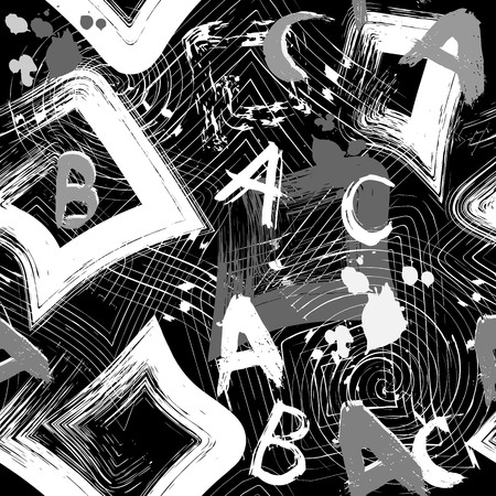 Urban geometric vector black and white abstract seamless pattern. Abc wallpaper. Grunge patterned dirty background. Monochrome textured repeating modern design. Grungy letters, spots, meandersのイラスト素材