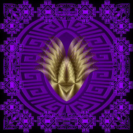 Ornate greek vector 3d mandala pattern. Modern geometric panel design. Square ornamental purple greek key meanders frame. Gold abstract vintage flowers. Trendy background. Creative decorative designのイラスト素材