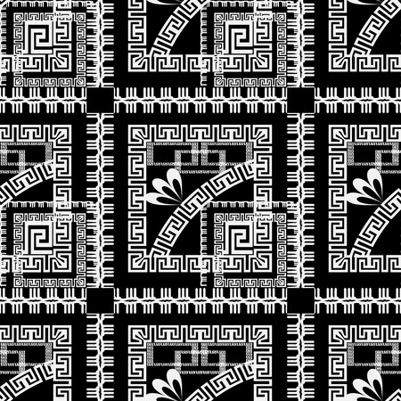 Geometric black and white modern greek style vector seamless pattern. Abstract monochrome ornamental background. Repeat squares checkered backdrop. Floral vintage greek key meanders ornamentのイラスト素材