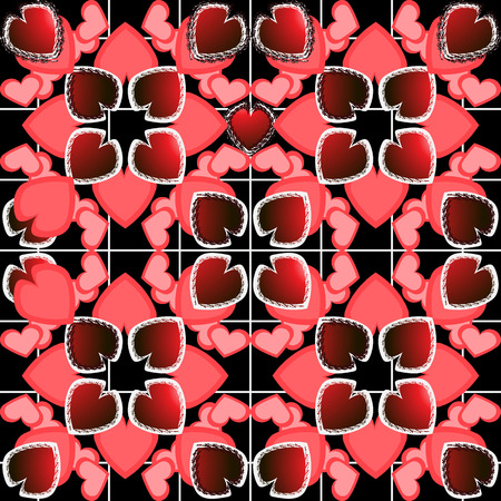 Colorful love hearts vector seamless pattern. Elegance romantic bright background. Abstract valentines day repeat backdrop. Decorative floral love hearts shapes, flowers. Black, red and white colorsのイラスト素材