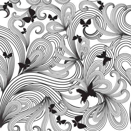 Fantasy black and white vector seamless pattern. Hand drawn vintage monochrome ornamental background. Repeat distressed floral backdrop. Elegance striped Paisley flowers ornament with butterfliesのイラスト素材