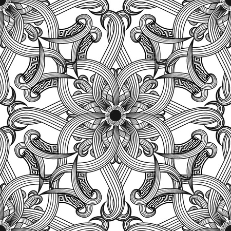 Greek floral intricate meanders seamless pattern. Vector abstract black and white background. Line art tracery hand drawn flowers, striped leaves, mandala. Greek key meanders Damask ornamentのイラスト素材