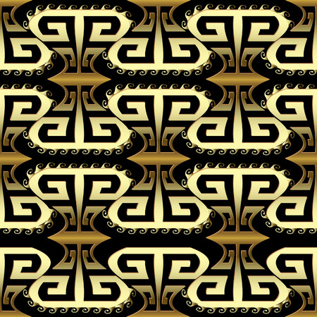 Gold 3d ornamental greek seamless pattern. Vector abstract geometric trendy background. Geometrical shapes,  waves. Gold greek key, meanders ancient ornament. Repeat patterned backdrop. Vintage designのイラスト素材
