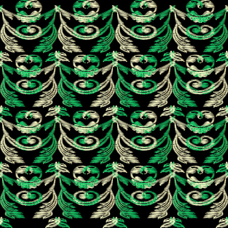 Green embroidery Baroque vector seamless border pattern. Tapestry vintage ornamental leafy background. Grunge repeat backdrop. Floral embroidered design. Antique style ornate flowers, leaves. Ornamentのイラスト素材