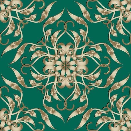 Ornamental golden 3d Paisley Damask vector seamless pattern. Floral patterned elegance green background. Repeat decorative backdrop. Vintage hand drawn ornament with paisley flowers, leaves, lines.のイラスト素材