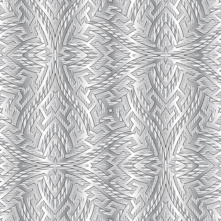 3d textured silver ornamental greek vector seamless pattern. Ornate geometric modern background. Surface repeat white backdrop. Decorative rich design. Ancient greek key meander ornament. 3d wallpaperのイラスト素材