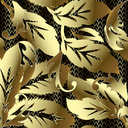 Gold Baroque ornate 3d vector seamless pattern. Leafy ornamental grid zigzag background. Repeat lattice geometric textured backdrop. Vintage baroque victorian style ornament with surface golden leavesのイラスト素材