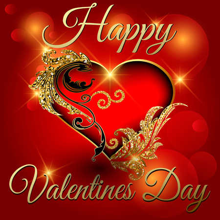 Vintage Baroque style ornamental 3d Valentines day vector greeting card. Bright red ornamental ornate love heart  glowing backgrund.  Glittery baroque style leaves. Happy Valentines Day text.のイラスト素材