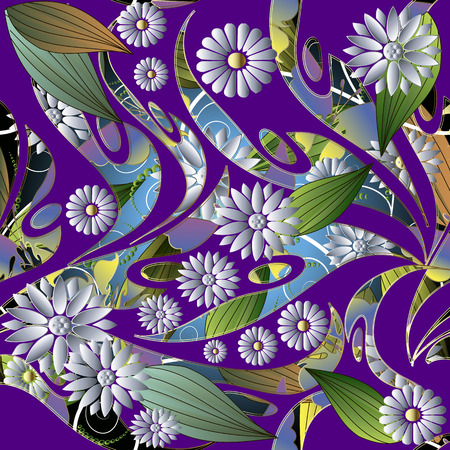 Colorful floral 3d Chamomiles seamless pattern. Vector ornamental vintage background. Beautiful repeat backdrop. Modern decorative hand drawn ornament with elegance white chamomile flowers, leavesのイラスト素材