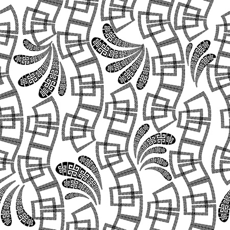 Black and  white ornamental greek vector seamless pattern. Wave greek key meanders shapes, lines, flowers. Monochrome isolated geometric ornate background. Elegance abstract hand drawn ornament.のイラスト素材