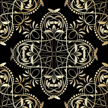 Vintage line art tracery floral seamless pattern. Damask ornamental elegance background. Hand drawn line art gold ornament with paisley flowers, curves, dots. Repeat decorative backdrop. Ornate designのイラスト素材
