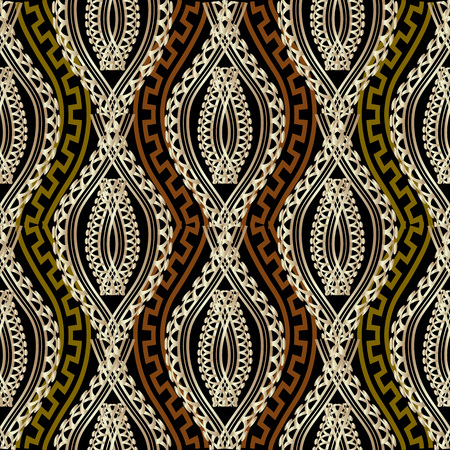 Ornate braided wave lines greek vector seamless pattern. Stitching geometric shapes, zigzag lines. Greek key meanders 3d wavy ornament. Textured ornamental background. Trendy creative beautiful designのイラスト素材