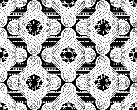 Black and white ornamental braided shapes seamless pattern. Curve lines tribal ethnic style background. Repeat monochrome greek backdrop. Abstract ancient greek key meanders ornament. Stripes, dotsのイラスト素材
