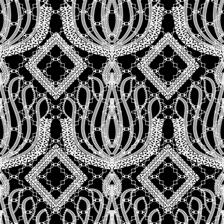 Lace ornamental black and white ethnic vector seamless pattern. Hand drawn tribal style line art tracery floral ornament. Repeat geometric monochrome lacy backdrop. Patterned elegant ornate backgroundのイラスト素材