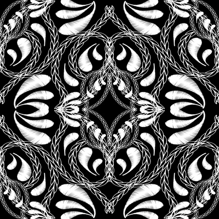 Stitching embroidery floral black and white vector seamless pattern. Onamental tapestry stitching background. Embroidered Paisley flowers. Abstract grunge ethnic stitch  ornament. Embroidered textureのイラスト素材